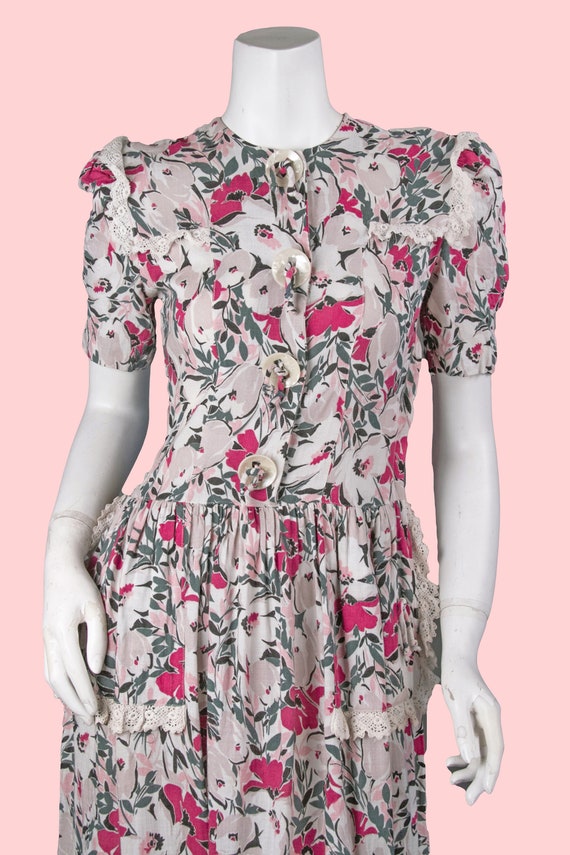 1940s Floral Linen Dress | Vintage Pink Floral Da… - image 3