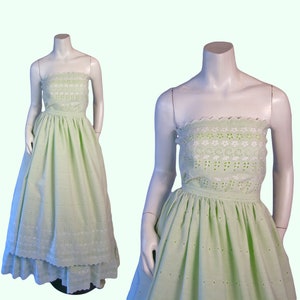 1950s Vintage Mint Green Cotton Strapless Dress Set with Floral Eyelets, Garden Party Dress, Small, 50s Dress Set