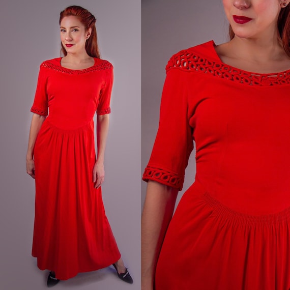 1940's Blood Orange Rayon Crepe Evening Gown