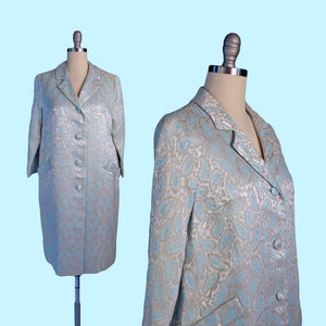 Vintage 1960s Coat, 60s Turquoise & Silver Paisley Coat with 3/4 Sleeves,  Mod Fashion, Mid century clothing, Vintage clothing, Size Medium