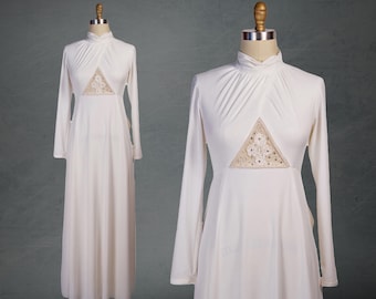 VINTAGE 1970s Wedding Gown, White Gown With Semi Sheer Beaded Triangle Illusion Cut Out, Bridal Gown
