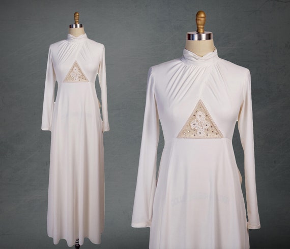 VINTAGE 1970s Wedding Gown, White Gown With Semi … - image 1