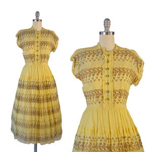 1950s Vintage Yellow Fit and Flare Dress with Hand Stamped Material, WOUNDED DAME SALE
