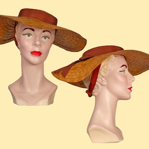 1930s Vintage Hat, 30s Large Brimmed Raffia Sun Hat, Head wear, accessories