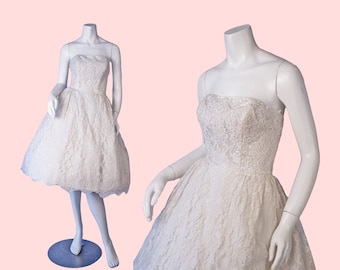 Vestido vintage de encaje blanco sin tirantes, ajustado y acampanado, con lentejuelas perladas y enagua de tul, estilo retro, para novia, formal y cóctel