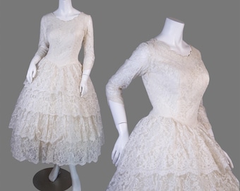1950s Vintage Lace Wedding Dress | Cupcake Dress | 50s Tea Length Bridal Gown | Vintage Bride