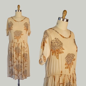 Vestido vintage Volup de los años 20, vestido estilo charlestón de gasa con cuentas color crema, vestido antiguo, talla grande