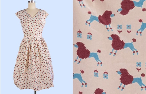 1950s Vintage Dress Set, 50s Poodle Novelty Print… - image 1