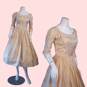 1950s Floral Damask Champagne Fit & Flare Dress with Pleated Skirt, Low Back, and 3/4 Sleeves, X Small