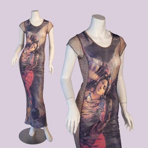 1990s Y2K Long Art Body Con Dress, Multicolored Sheer dress with Exotic Print, Size S