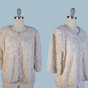 1960s Vintage White Beaded Mesh Blouse – Pearl Floral Design, Fully Lined, Scoop Neck, Mid Century Party Top, Bridal, Bride