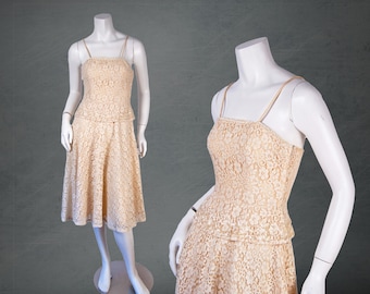 1950s Vintage Dress, Cream Lace Dress With Pearlescent Sequins, Cocktail Dress, X-Small, Party Dress, Wedding, Bridal