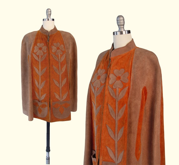 1960s Suede Cape | Vintage Leather Cape Jacket | Bohemian Floral Appliqué | Hippie Western Jacket | Rust Brown Suede Coat