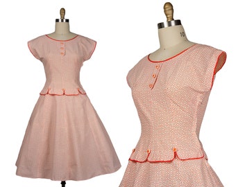 VINTAGE 1950s Dress, Cotton Polka Dot Dress by Carole King, Day Dress, Medium, Vintage Clothing, Mid Century