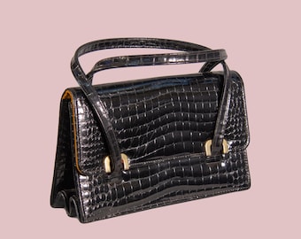 1960s Black Faux Alligator Handbag | Vintage Top Handle Purse | Mid Century Structured Bag | Patent Leather Evening Bag | Classic Top Handle