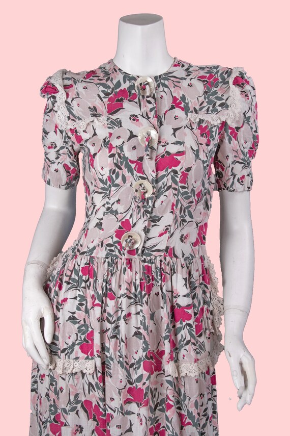 1940s Floral Linen Dress | Vintage Pink Floral Da… - image 4