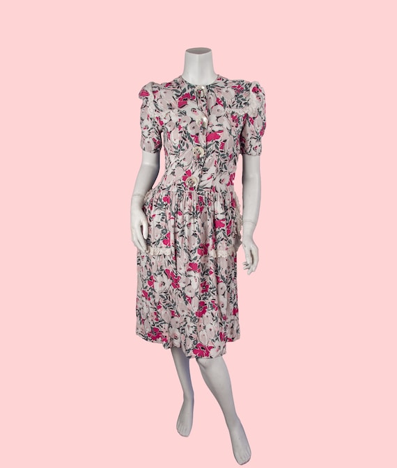 1940s Floral Linen Dress | Vintage Pink Floral Da… - image 2
