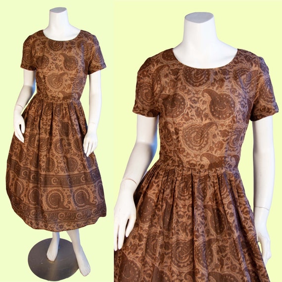 1950s Vintage Dress, 50s Brown Paisley Fit and Fl… - image 1