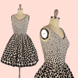 1950s Vintage Black and White Polka Dot Cotton Day Dress by The Sidneys, Mid Century Fashion, 50s Fit and Flare Dress