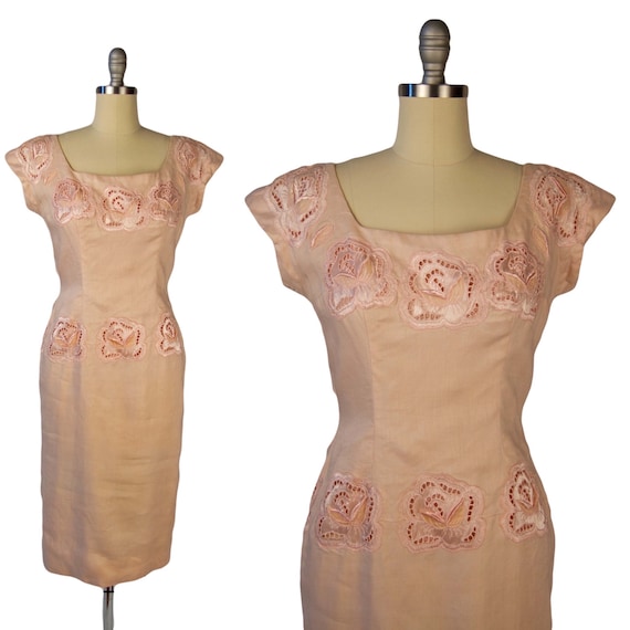 VINTAGE 1960s | Vintage Dress | Pale Pink Linen W… - image 1