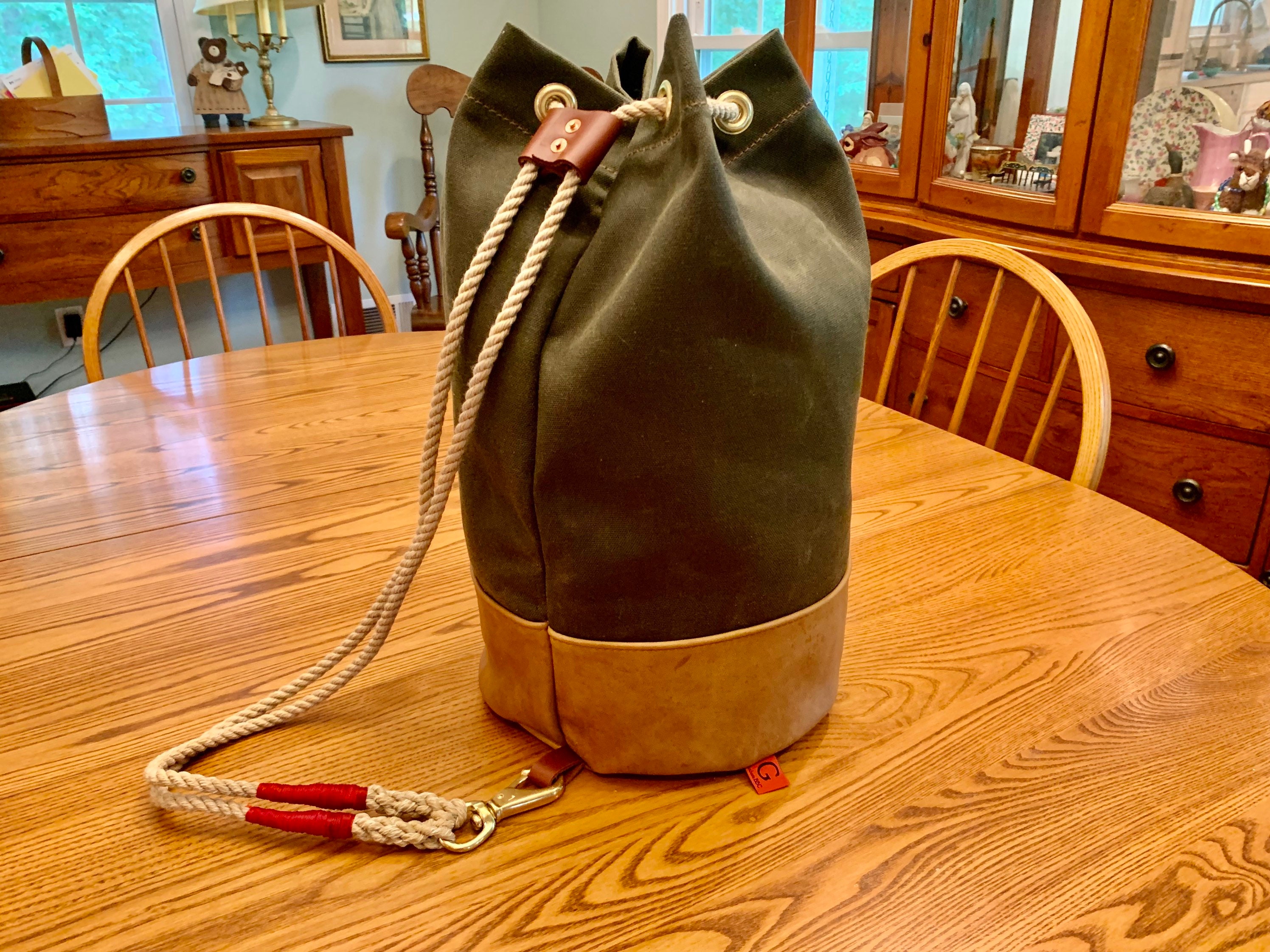 Waxed Canvas Sailor s Bag Ditty Bag Green and Tan Leather Etsy