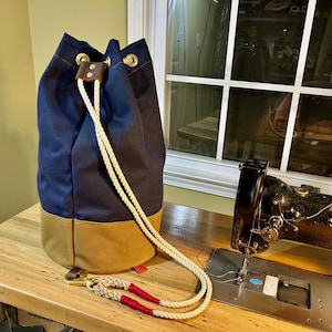 Waxed Canvas Sailor's Bag - Ditty Bag - Navy Blue and Field Tan