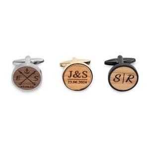Wooden cufflinks personalized with initials and date engraving, gift for groom, black with wood walnut, cherry, oak