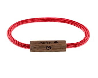 Bracelet made of sailing rope with wood, concealed magnetic clasp, various colours and types of wood, as bracelet and necklace with engraving