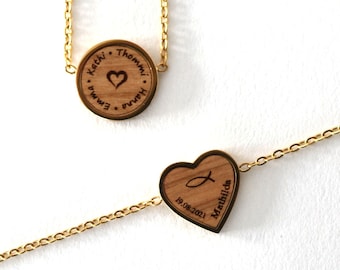 Necklace with pendant made of wood, individually personalized with engraving