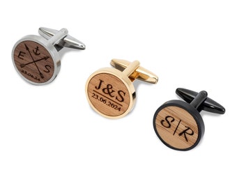 Wooden cufflinks personalized with initials and date engraving, gift for groom, black with wood walnut, cherry, oak