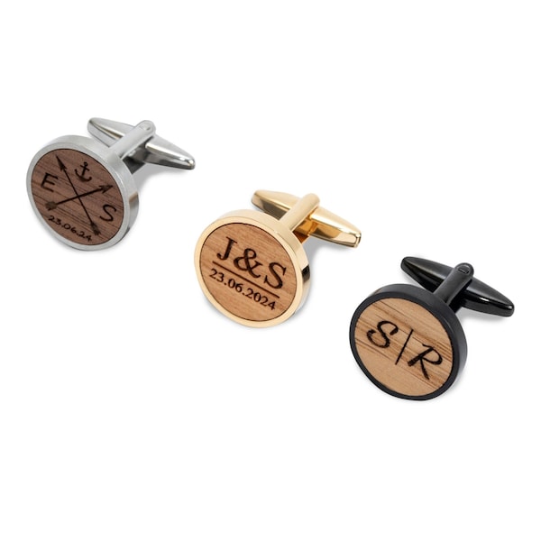 Wooden cufflinks personalized with initials and date engraving, gift for groom, black with wood walnut, cherry, oak