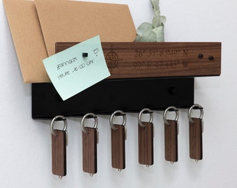 Personalized key rack with hooks and shelf made of wood for 6 keys with pinboard & individual engraving