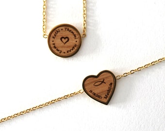 Necklace with pendant made of wood, individually personalized with engraving