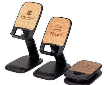 Mobile phone holder made of wood with engraving, personalized smartphone stand holder with engraved logo name motif