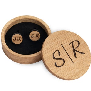 Wooden cufflinks personalized with initials and date engraving, gift for groom, black with wood walnut, cherry, oak