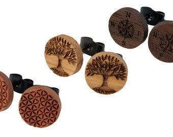 Wooden stud earrings with tree of life and many different motifs, earring with engraving