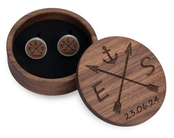 Wooden cufflinks personalized with initials and date engraving, gift for groom, black with wood walnut, cherry, oak