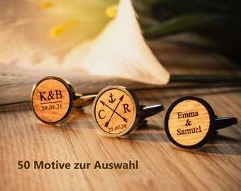 Wooden cufflinks personalized with initials and date engraving, gift for groom, black with wood walnut, cherry, oak