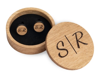 Wooden cufflinks personalized with initials and date engraving, gift for groom, black with wood walnut, cherry, oak