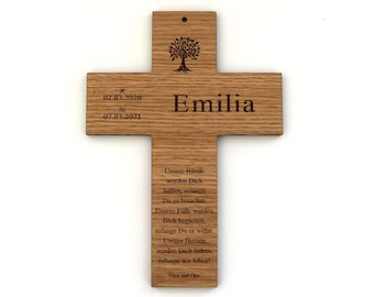 Baptismal cross personalized with baptismal message, children's cross with name, date of birth, baptismal date made of oak, cherry or walnut