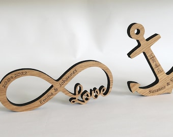 Anker & Endlosschleife aus Holz zur Hochzeit,personalisiertes Hochzeitsgeschenk mit Gravur zum Aufstellen,persönliches Geschenk zur Hochzeit