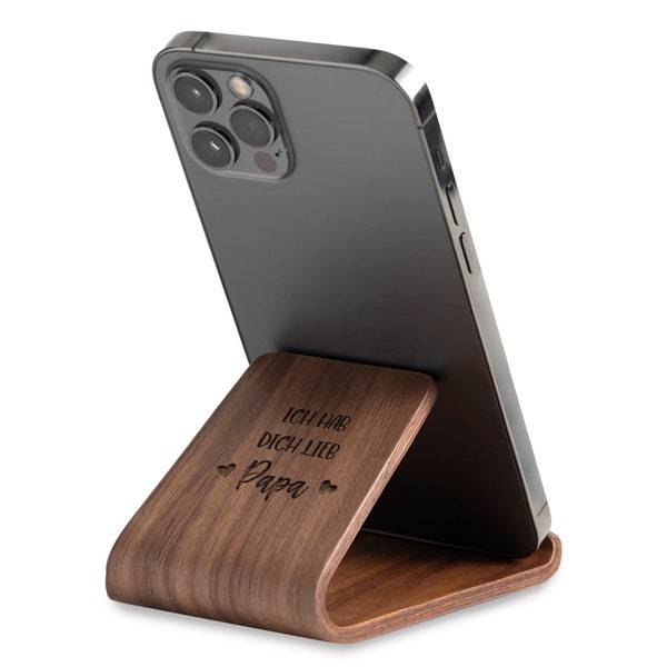 Handyhalterung aus Holz personalisiert Tablet Ständer mti Gravur Logo Namen Motiv Smartphone Halter
