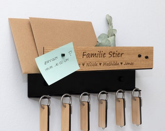 Wooden key rack with shelf for 6 keys with pin board and engraving