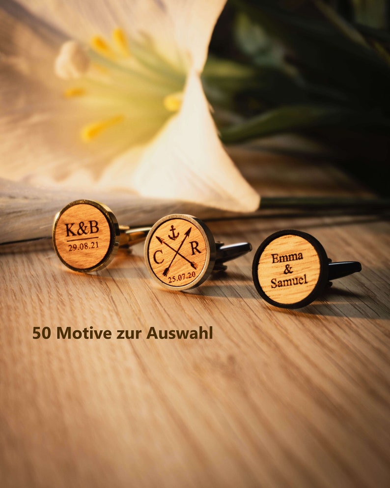 Wooden cufflinks personalized with initials and date engraving, gift for groom, black with wood walnut, cherry, oak image 1