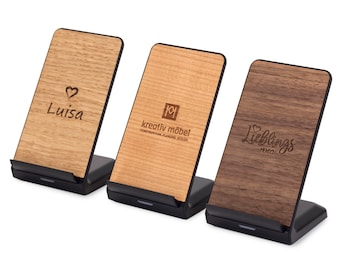 Wireless Charger Stand personalized made of wood, individually with engraving, motif, name, logo