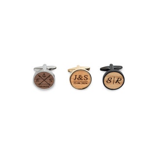 Wooden cufflinks personalized with initials and date engraving, gift for groom, black with wood walnut, cherry, oak image 8