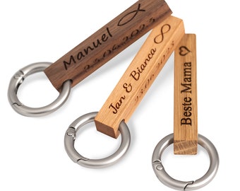 Keychain made of wood personalized with coordinates, name, engraving, letters, family pendants, pendant with leather cord