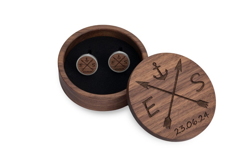 Wooden cufflinks personalized with initials and date engraving, gift for groom, black with wood walnut, cherry, oak image 1