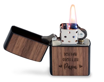 Briquet à essence Zippo en bois, briquet personnalisé avec couvercle en bois, chêne noyer, cerisier avec nom, initiales, motif, gravure du logo