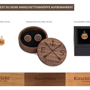 Wooden cufflinks personalized with initials and date engraving, gift for groom, black with wood walnut, cherry, oak image 2
